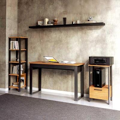 Mesa Escritório com Estante Mesa de Apoio e Prateleira Industrial 1 Gaveta MDF Preto Fosco