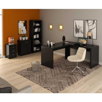 Kit para Escritorio com Mesa em l Estante Balcao Gaveteiro 2 Portas 3 Gavetas MDP Preto Tecno Mobili