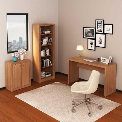Kit Escritório com Mesa Balcão 2 Portas Estante 5 Nichos MDP Amêndoa Tecno Mobili