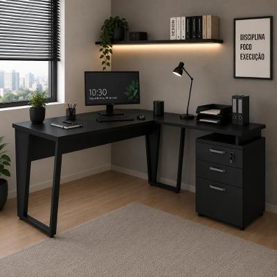 Mesa para Escritório em l com Gaveteiro Moderno 3 Gavetas 150CM Preto F5 Office