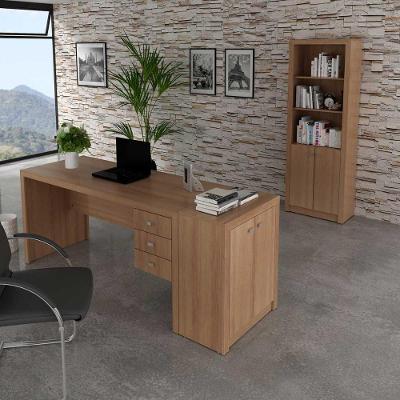 Kit para Escritório Mesa Balcão e Estante 4 Portas 3 Gavetas MDP Nogal Tecno Mobili