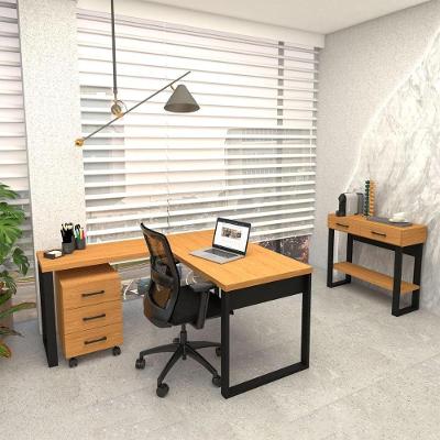 Kit Mesa de Escritório em l com Gaveteiro e Aparador 5 Gavetas MDF Preto Pradel Móveis