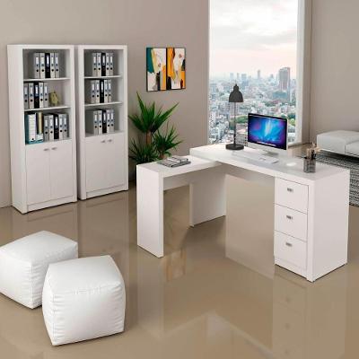 Kit Escritório com Mesa em l e Armários 4 Portas 3 Gavetas MDP Branco Tecno Mobili