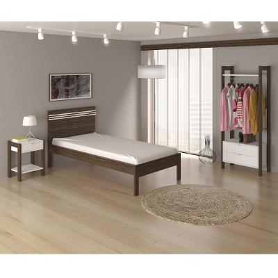 Cama de Solteiro com Cabeceira CM8010 Detalhe Ripado MDF MDP Nogal com Branco Tecno Mobili