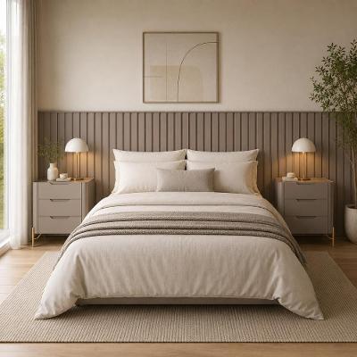 Conjunto Cabeceira Queen Bend Fixação na Parede MDF Ripada Grigio com Dourado Casa Lar Shop