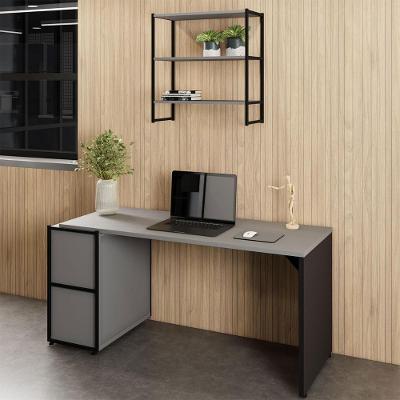 Mesa para Escritório com Nicho Aéreo e Balcão Lateral Industrial MDF MDP 150CM Cinza Sagrado