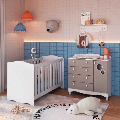 Quarto Infantil 3 Peças com Berço 3 em 1 Cômoda 4 Gavetas 1 Porta MDP Branco com Cinnamon Completa