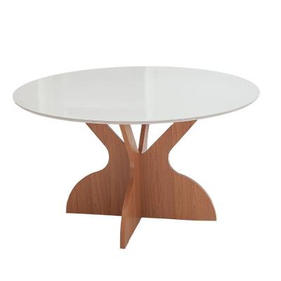 Mesa Jantar Redonda 6 Lugares Tampo Vidro 135CM Off White com Freijó Dalla Costa Móveis