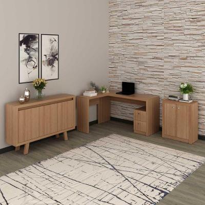 Kit Escritório 3 Peças com Mesa em l 5 Portas 2 Gavetas MDP Amêndoa Tecno Mobili