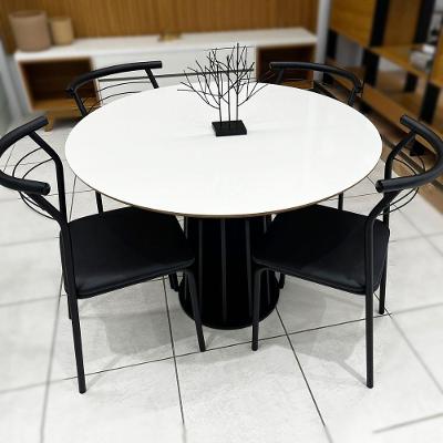 Mesa Jantar Redonda 4 Lugares Tampo MDF Off White e Preto 105CM Móveis Carraro