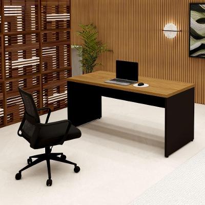 Escrivaninha Retangular Pés Painel MDF 160CM Freijó com Preto F5 Office