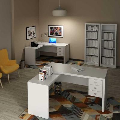 Kit para Escritório com Mesas em l e Estantes 6 Gavetas Branco Tecno Mobili