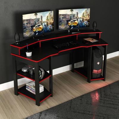 Escrivaninha Gamer Curvo em Curva com Suporte para Copos 186,6CM Moderno MDP Preto com Vermelho