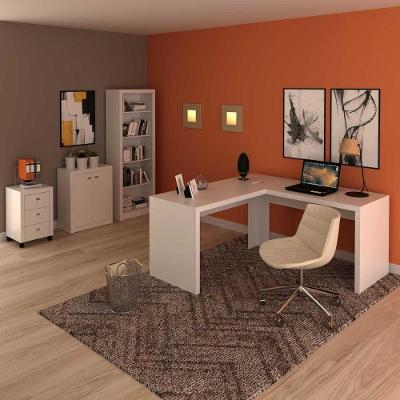 Kit para Escritório com Mesa em l Estante Balcão Gaveteiro 2 Portas 3 Gavetas MDP Branco Tecno