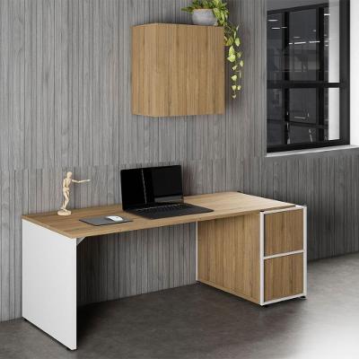 Mesa para Escritório com Balcão e Armário Aéreo 2 Portas MDP Macadâmia com Branco F5