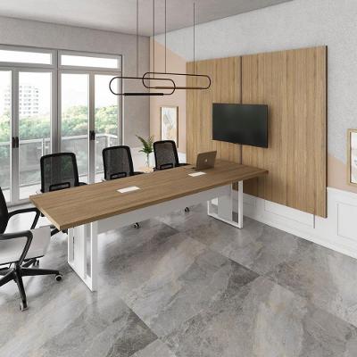 Mesa Reunião 270CM com 2 Caixas Tomadas Painel Tv Macadâmia Branco F5 Office