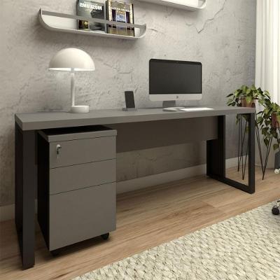 Mesa com Gaveteiro Office Industrial 3 Gavetas MDP 190CM Cinza Sagrado com Preto F5 Office