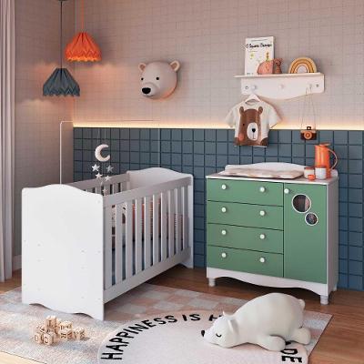 Quarto Infantil 3 Peças Berço 3 em 1 Cômoda 1 Porta 4 Gavetas MDP Branco com Verde Completa Móveis