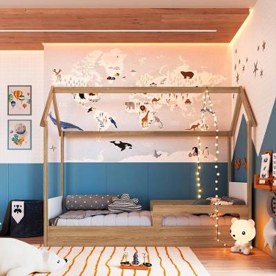 Cama Infantil Montessoriana 2 Alturas Estilo Casinha Aveiro Oak com Branco Completa Móveis