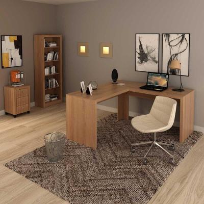 Kit Escritório com Mesa em l Estante Gaveteiro 3 Gavetas MDP Amêndoa Tecno Mobili