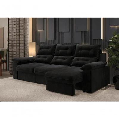 Sofá com Chaise Copacabana 4 Lugares Retrátil e Reclinável 230CM Preto Cia Lar Móveis