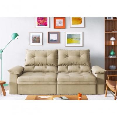 Sofá com Chaise Ravena 3 Lugares Retrátil 180CM Bege Suede