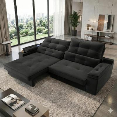 Sofá Santiago 3 Lugares Retrátil e Reclinável 200CM Preto Suede