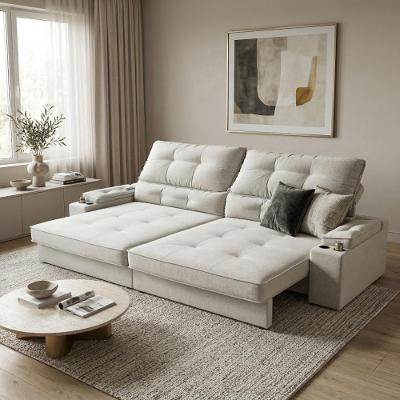 Sofá com Chaise Santiago 4 Lugares Retrátil e Reclinável 230CM Creme