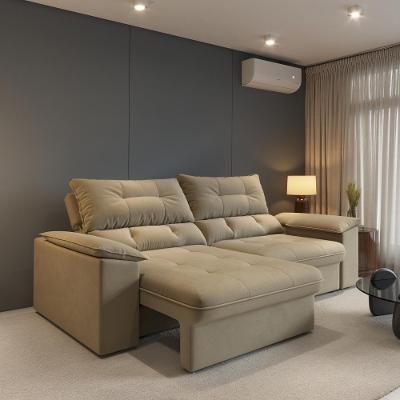Sofá com Chaise Ravena 3 Lugares Retrátil Reclinável 200CM Bege Suede