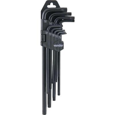 Jogo de Chaves Hexalobular Longas T10 a T50 9 Peças Tipo l com Furo Guia Vonder