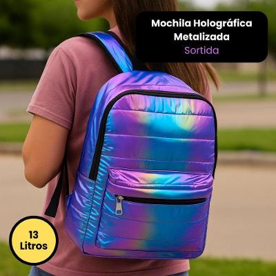 Mochila First Bikes Holográfica Metalizada Poliéster Rosa Roxa Azul Prateado