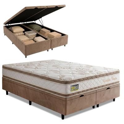 Cama Box com Baú King Molas Ensacadas D33 Double Face Tecido Malha Branco Bege Hellen Estofados