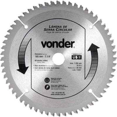 Lâmina de Serra Circular com Vídea para Alumínio 185mm X 20mm Vonder