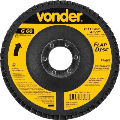 Disco de Desbaste Acabamento Flap Disc Cônico Grão 60 4.1-2 115mm Vonder