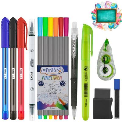 Kit Escolar OEM 15 Itens com Canetas Esferográficas Brush Pen Fineliner Marca-texto Lapiseira 0.5MM