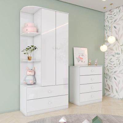 Quarto de Bebê com Cômoda e Guarda Roupas Labirinto 2 Portas 6 Gavetas Branco Móveis Henn