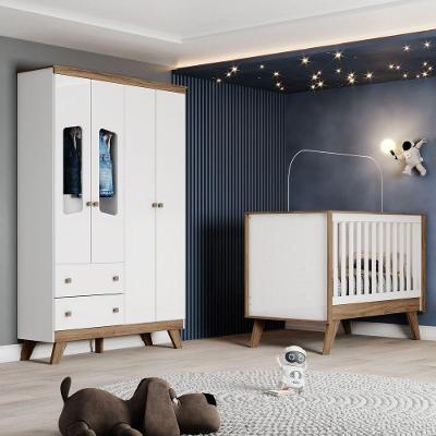 Quarto de Bebê com Berço e Guarda Roupa Retrô Confete 4 Portas 2 Gavetas Branco Móveis Henn