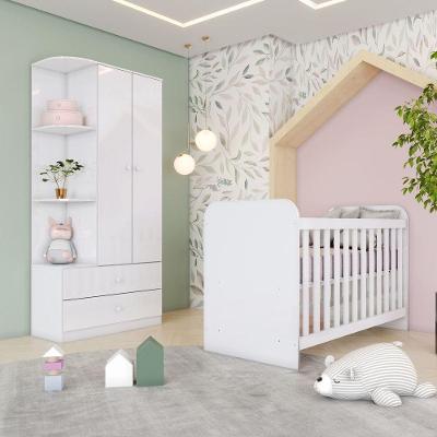 Quarto de Bebê com Berço e Guarda Roupas Labirinto 2 Portas 2 Gavetas Branco Móveis Henn