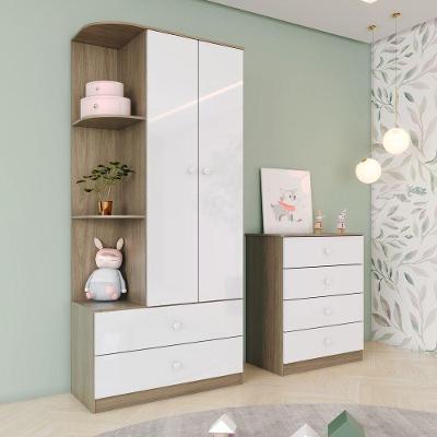 Quarto de Bebê com Cômoda e Guarda Roupas Labirinto 2 Portas 6 Gavetas Rústico Branco Móveis Henn