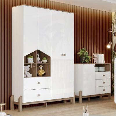 Quarto de Bebê com Guarda Roupas e Cômoda Yuri 5 Portas 5 Gavetas MDF-MDP Branco