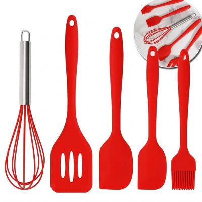 Jogo de Utensilios de Cozinha 5 Pecas Silicone e Aco Inox Cabos Ergonomicos Uso Domestico Vermelho