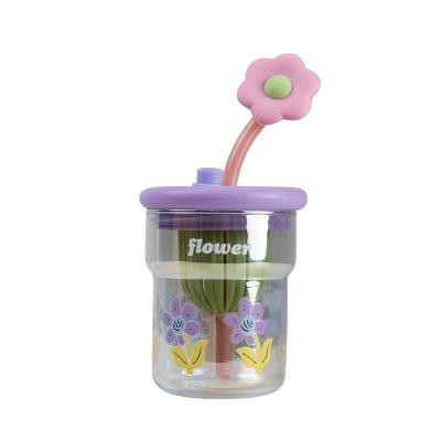 Copo de Vidro com Tampa e Canudo PI7947Y Hidratação Diária Plástico Filtro Pingente Flor Lilás