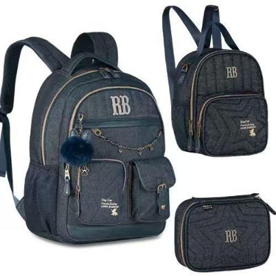 Kit Escolar OEM Rebecca Bonbon Jeans Denim Vintage Mochila Lancheira Estojo Azul
