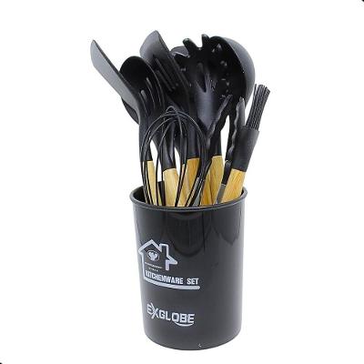 Kit de Utensilios de Cozinha 12 Pecas Silicone Antiaderente Cabo de Madeira MDF Preto Aquilae