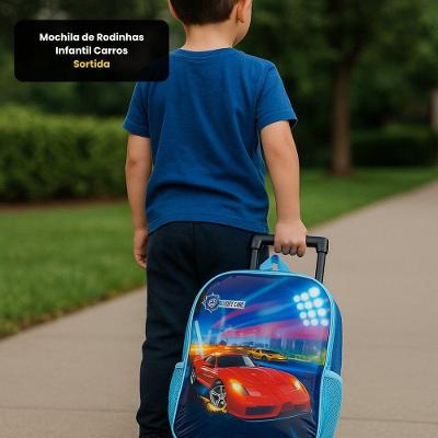 Mochila de Rodinhas Infantil First Bikes Carros Sortida Poliester 17L Azul e Vermelha