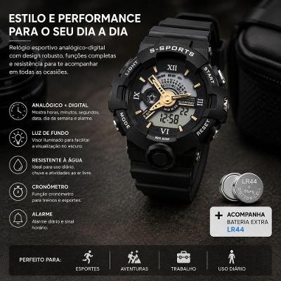 Relógio Esportivo Masculino B-Sports Analógico e Digital Silicone Led Preto Tudo em Caixa