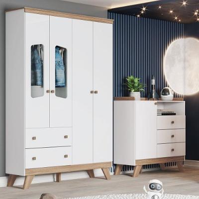 Quarto de Bebê com Cômoda e Guarda Roupas Retrô Confete 5 Portas 5 Gavetas Branco Móveis Henn