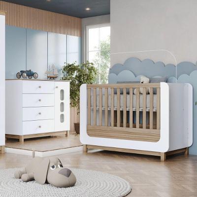 Quarto de Bebê com Berço Minicama Cômoda Aconchego 1 Porta 4 Gavetas MDF MDP Branco Jequitibá