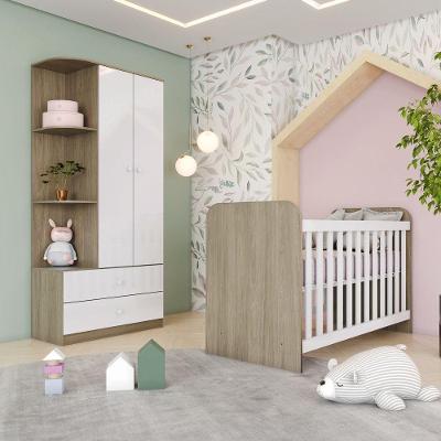 Quarto de Bebê com Berço e Guarda Roupas Labirinto 2 Portas 2 Gavetas Branco Móveis Henn