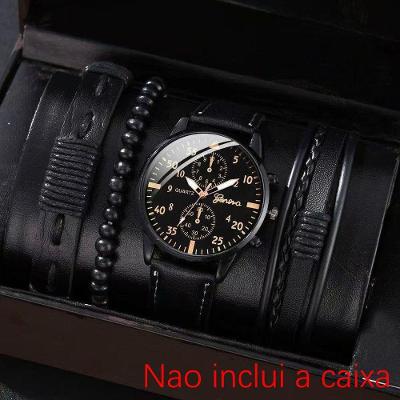 Relógio de Quartzo Masculino Kit Preto Analógico Pulseira de Couro Vintage OEM
